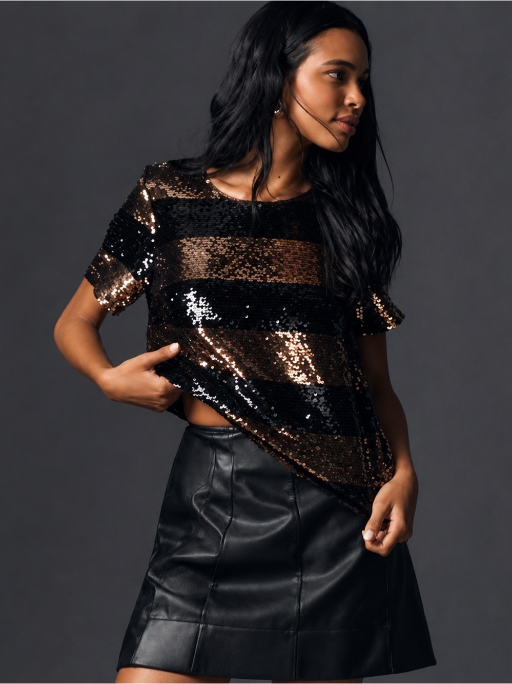 Anthropologie Maeve Sequin Striped Top NYE Holiday Sexy Night Out Womens L